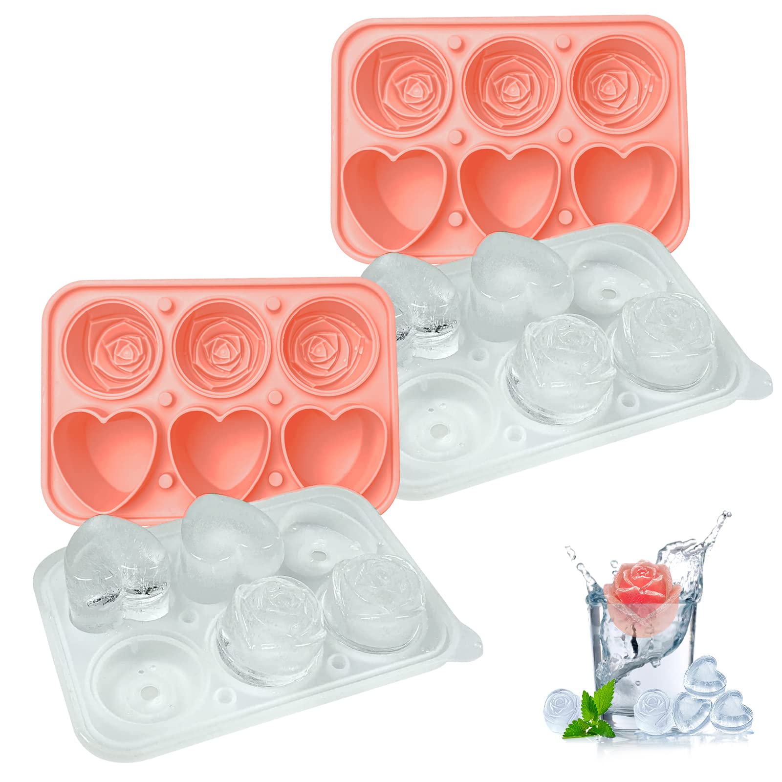 NewBinn Pink Ice Cube Molds 2 Pack, Rose & Heart-shaped Ice Cube Trays with Built-in Funnel, Silicone Ice Ball Maker with Lid for Cocktails Bourbon, Reusable & BPA Free