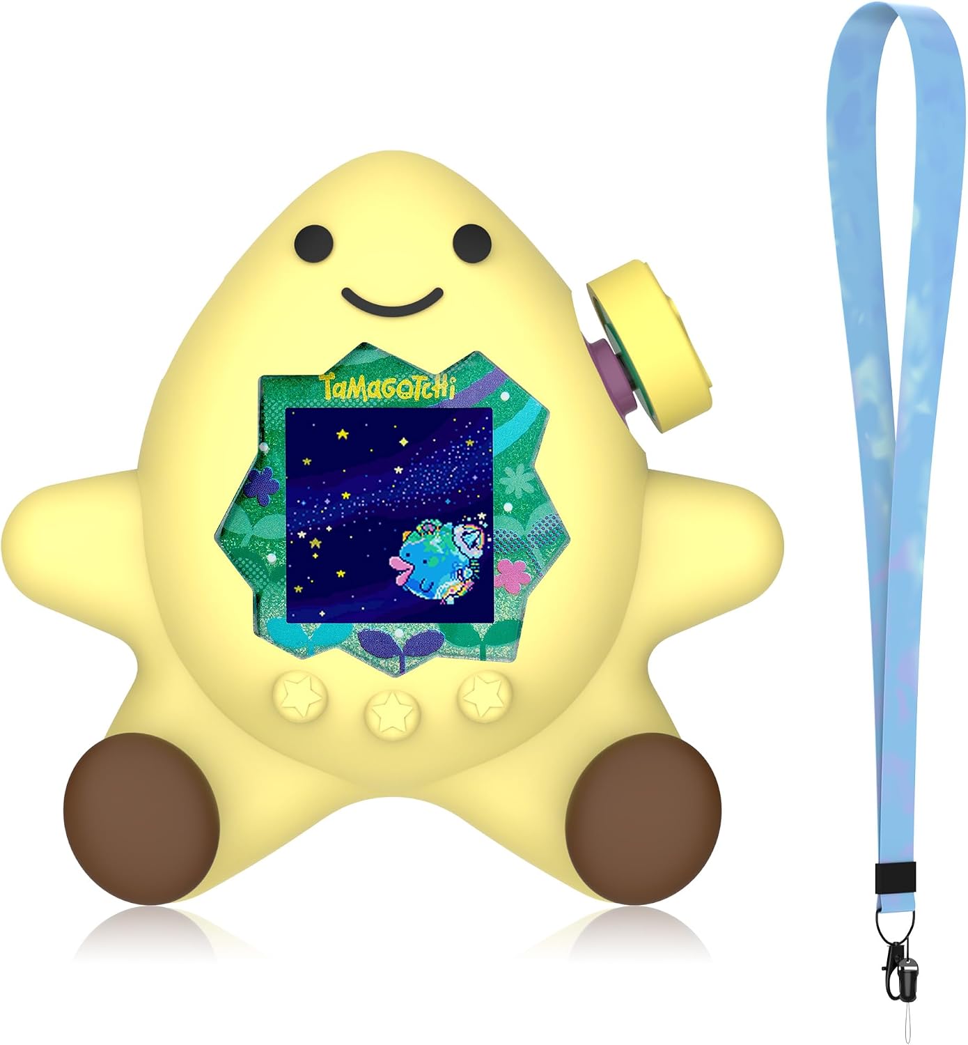 for Tamagotchi Paradise Silicone Case with Dial Cover and Lanyard, Cute 3D Stars Standing Protective Case for Tamagotchi Paradise Accessories, Yellow Stars