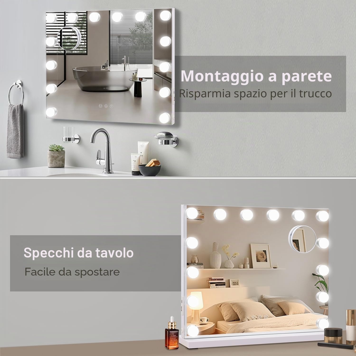 Rugiacation Hollywood - Specchio cosmetico illuminato, 50x40 cm, 14 lampadine dimmerabili, 3 modalità colore, controllo touch screen, da tavolo o da parete