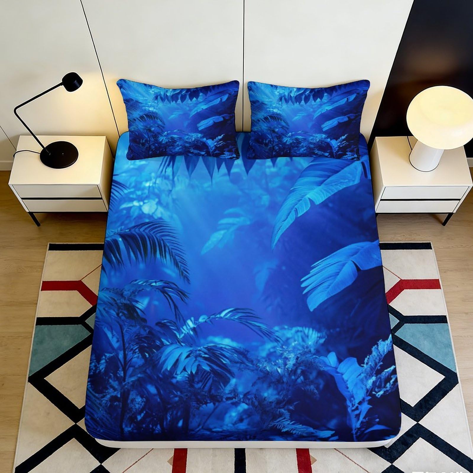 3D Printed Tropical Jungle Fitted Sheet Microfiber Soft Blue Rainforest Mattress Cover for Bedroom Dorm Decor 90x200x25cm