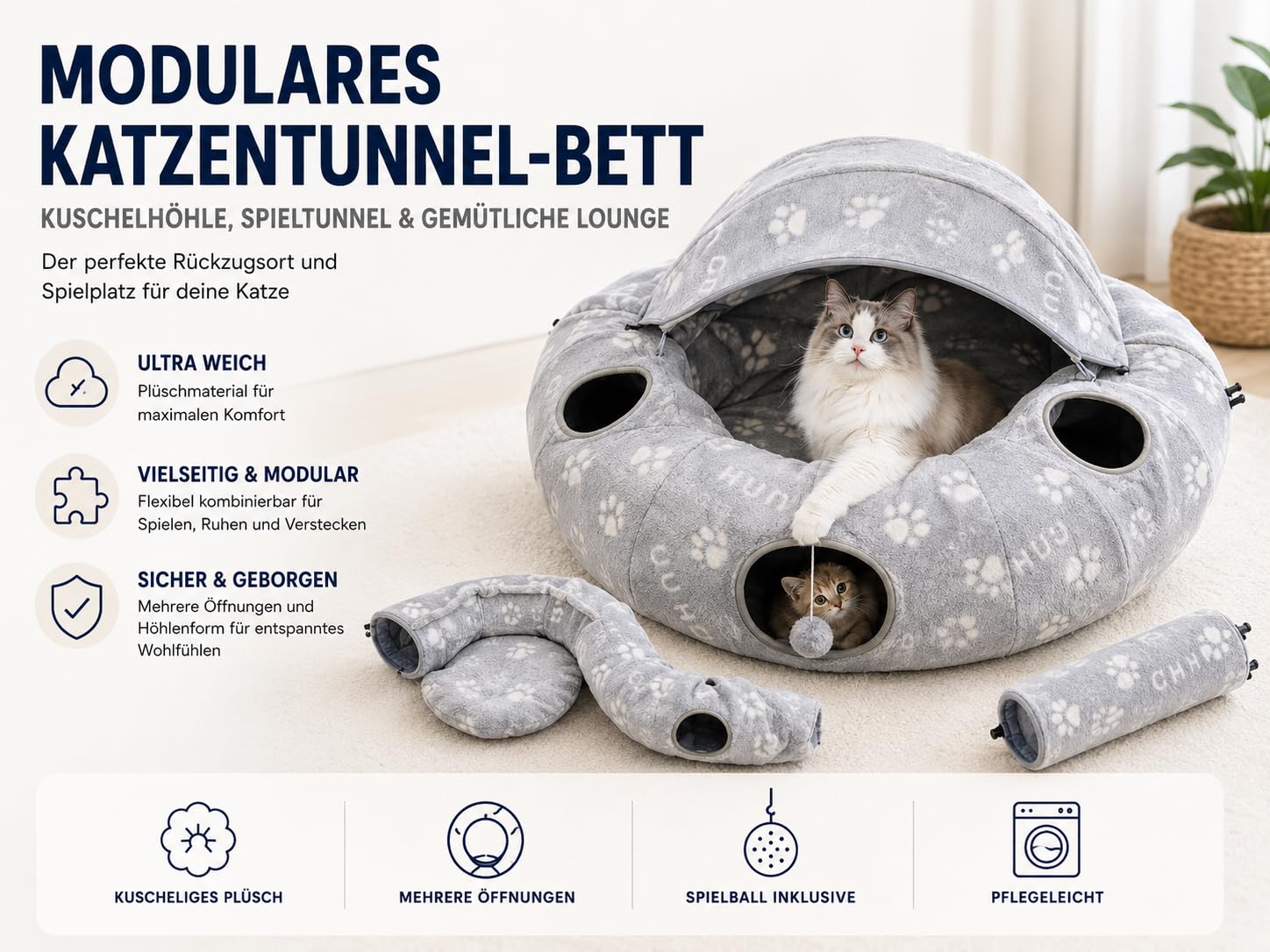 Katzentunnelbett, Katzentunnel für Indoor-Katzen, Katzen-Donut-Tunnel-Spielzeug mit waschbarem Kreiskissen, gerader geformter Tunnel, 4 Flauschige Bälle,selbstleuchtend.