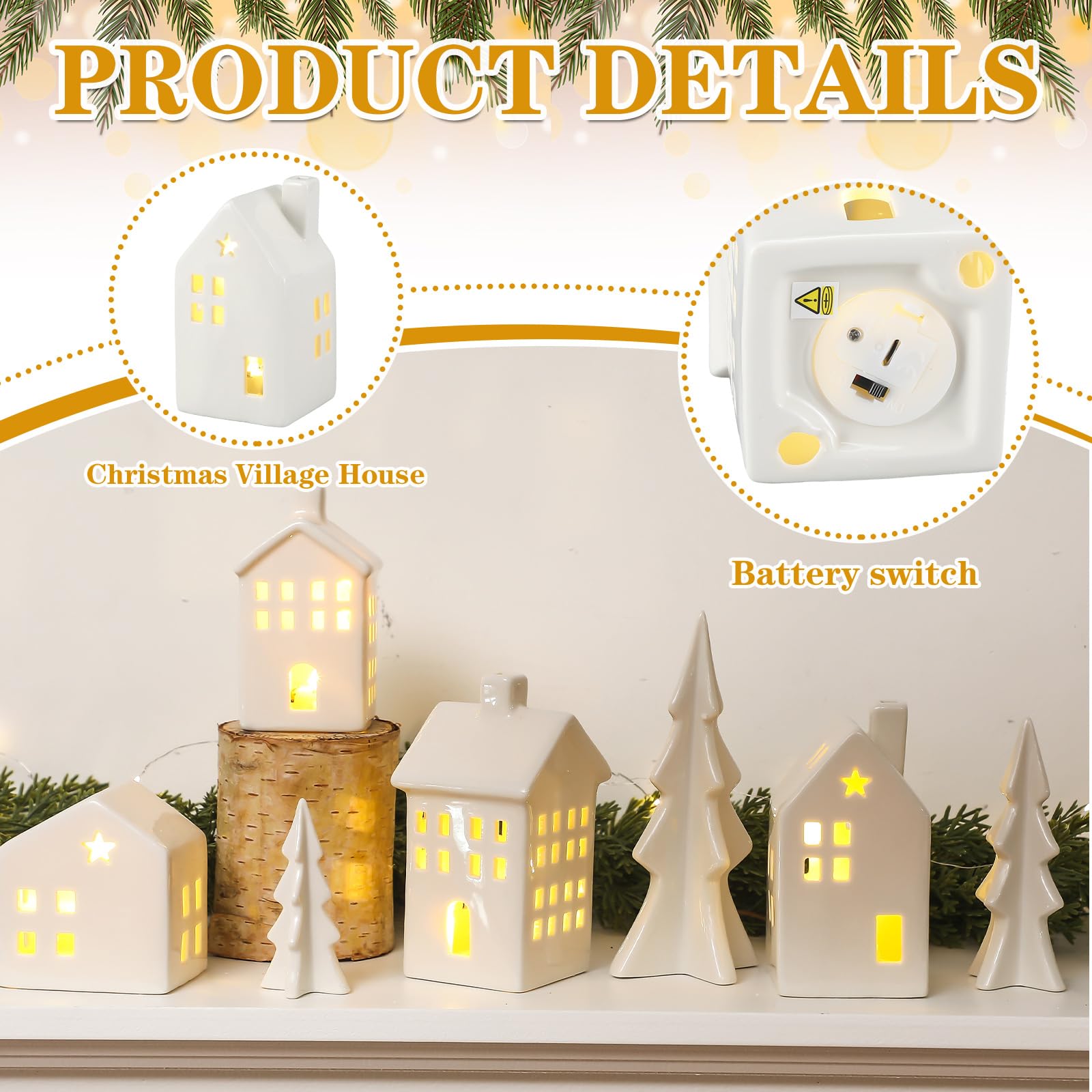 Newtay Juego de 7 piezas de cerámica de pueblo de Navidad, 4 luces LED, casas de pueblo de cerámica blanca con 3 árboles de Navidad, figuras de Navidad para casa de campo, rústico, interior, mantel