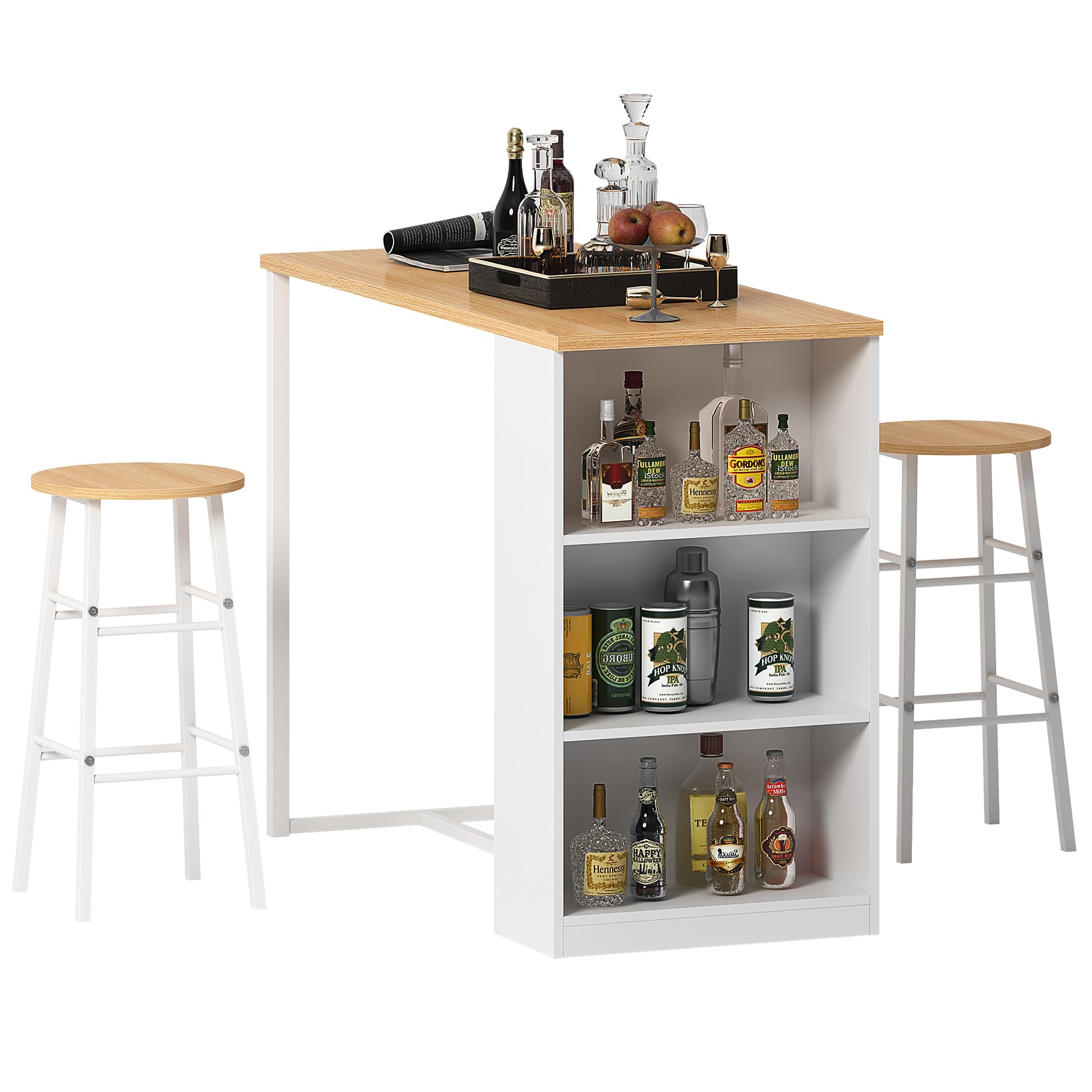 DlandHome Tavolo da bar con 3 armadietti di stoccaggio+ 2 sgabelli alti set per bar da 3 pezzi per 2 persone tavolo da pranzo per cucina/sala da pranzo/soggiorno in teak / bianco