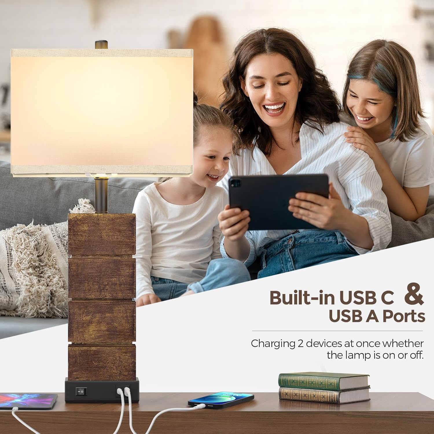 Set of 2 Farmhouse Table Lamps for Living Room, 25.3" Vintage Brown Wood Grain Bedside Lamps with USB C+A Charging Ports, 3 Color Temperatures, Resin Nightstand Lamps with Rectangular Shade