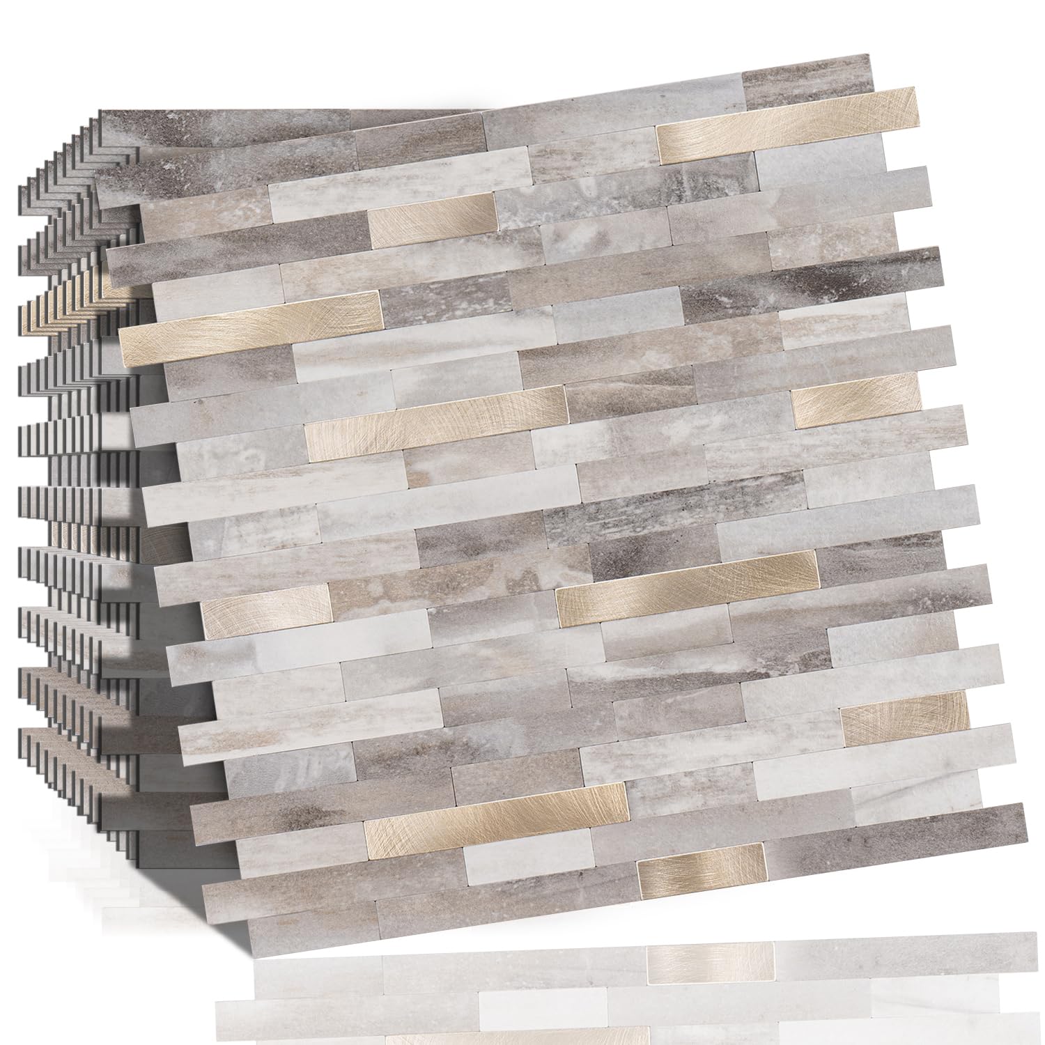 Photo 1 of 10 Sheets Peel and Stick Backsplash Tile, Stick on Backsplash for Kitchen and Bathroom, Light Grey Marble Look PVC Mixed Metal Silver Self Adhesive Wall Tiles