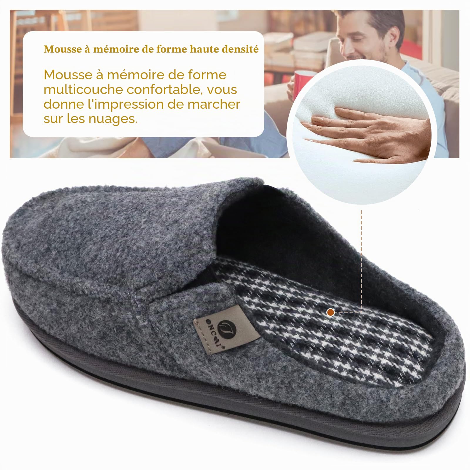 ONCAI Chaussons Homme Confort Peluche Mousse Mémoire Intérieur Extérieur Pantoufles da Maison en Caoutchouc Antidérapantes Taille 40-50