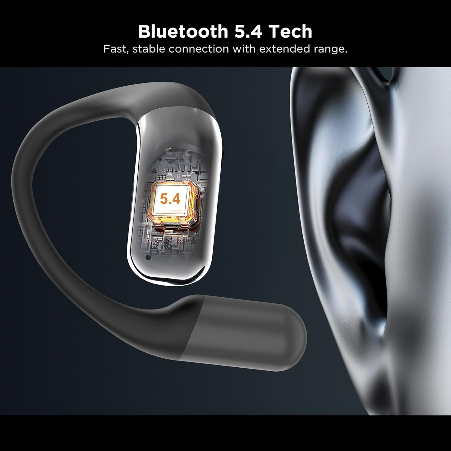 Close-up of the Bluetooth 5.4 chip inside the BUGANI OWSB10S earbud.