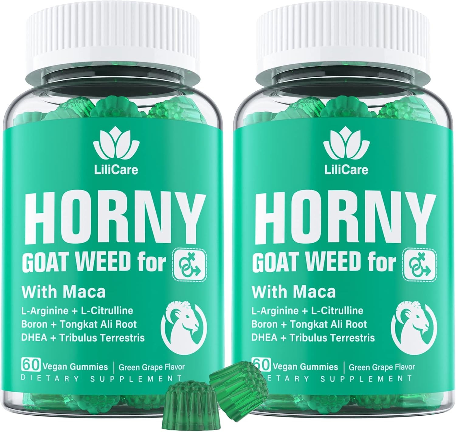 (2 Packs) Horny Goat Weed Gummies with Maca for Men & Women - Natural Energy Booster, Extra Strength with L-Arginine & L-Citrulline, DHEA, Boron, Tongkat Ali, Tribulus Terrestris - Green Grape Flavor : Health & Household