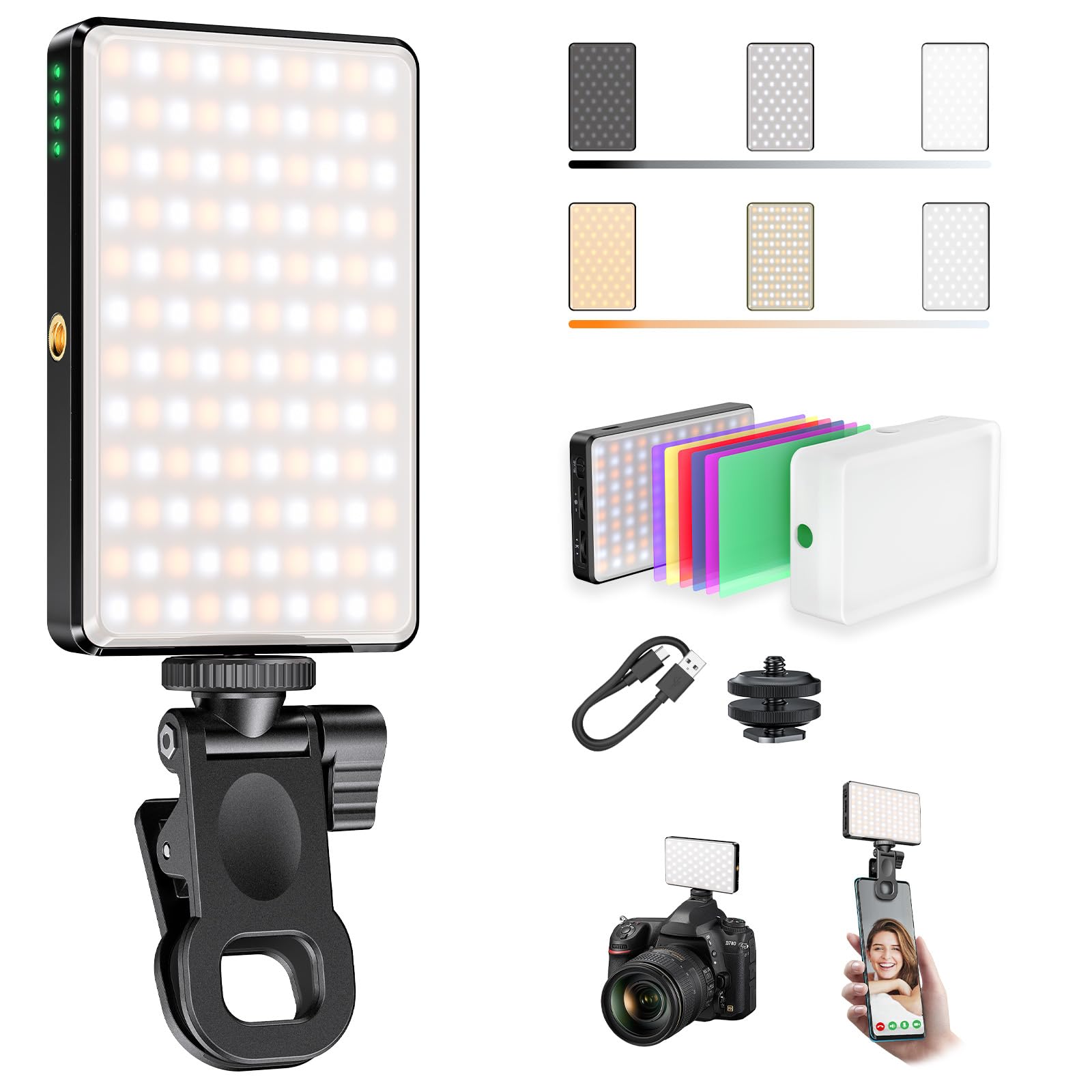 Selfie Licht Handy 120 LED 2500-9000K CRI 95+ 3000mAh mit Farbfilter | Professionelles Videolicht fotografische Lampe Dimmbares Videoleuchte Silikonhülle für Telefon Laptop Kamera