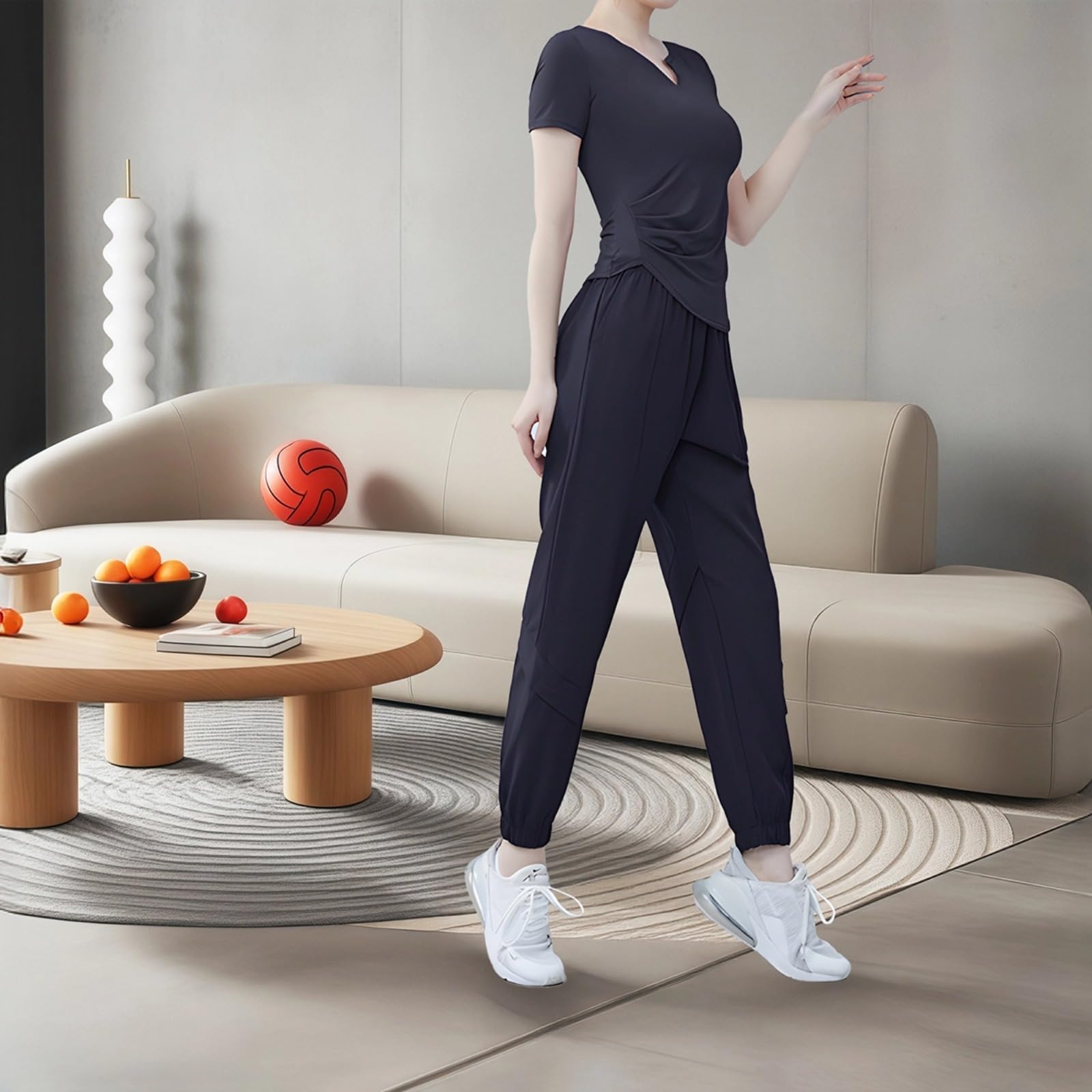 Conjunto de entrenamiento de 3 piezas para mujer, tela de poliéster de elastano, brasier deportivo, camiseta de manga corta y pantalones largos, cómodo, transpirable e ideal para yoga, Negro, Talla
