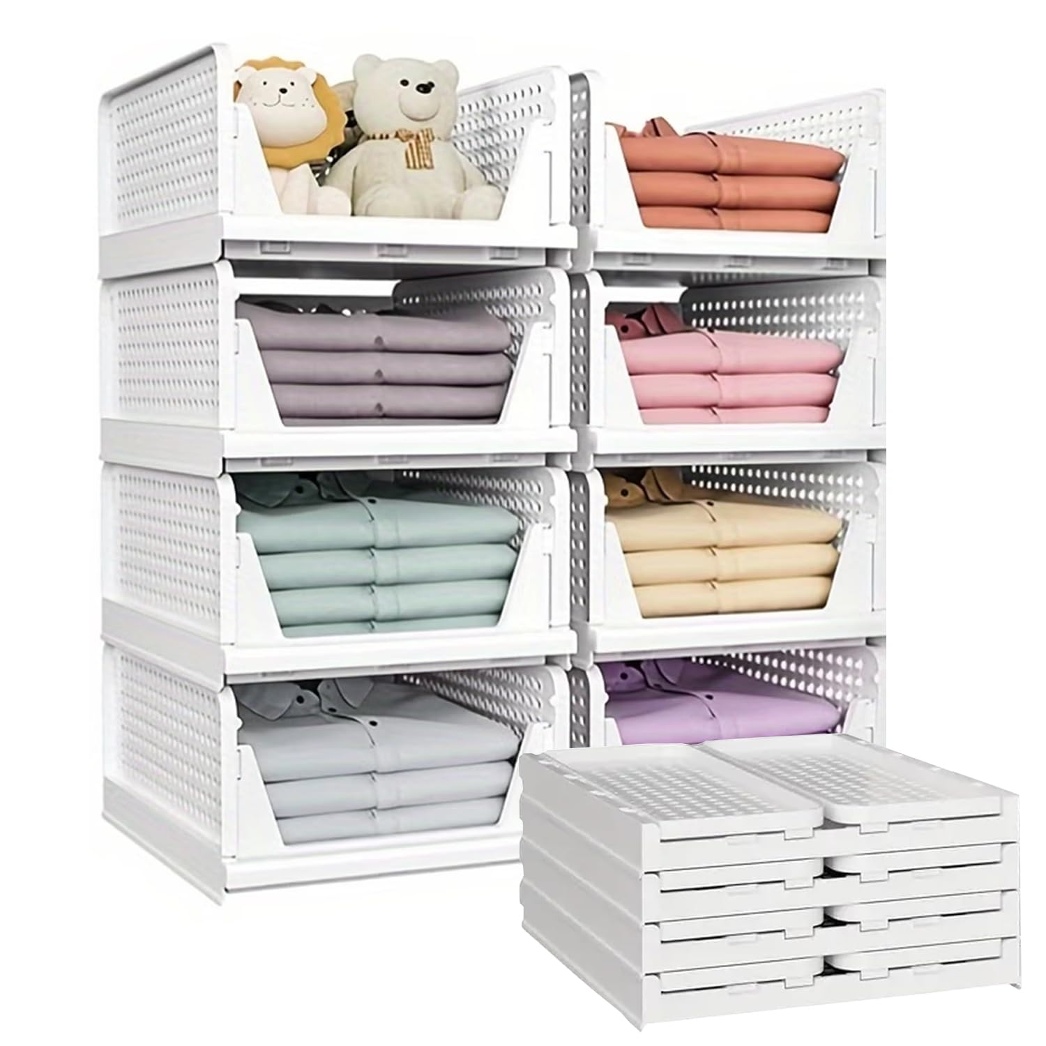 Atek White 16 Pack Wardrobe Storage Organiser – Foldable & Stackable Plastic Storage Baskets, Space-Saving Clothes Organisers For Cupboard, Closet, Laundry, Kitchen, Bathroom & Bedroom (16)