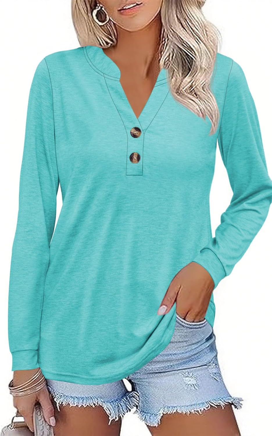 Womens Button Down Henley Shirts V Neck Long Sleeve Blouse Dressy Casual Tops Fall Clothes Fashion Outfits