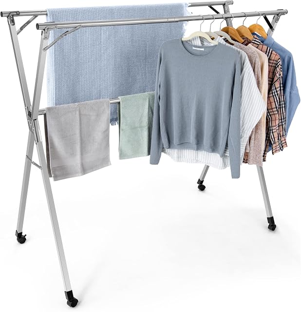CASART Folding Clothes Airer, X-Shaped Clothing Drying Rack with 360° Wheels & Anti-slip Pads, Stainless Steel, Indoor Outdoor Multifunctional Laundry Garment Rail for Quilts Coats Underwear