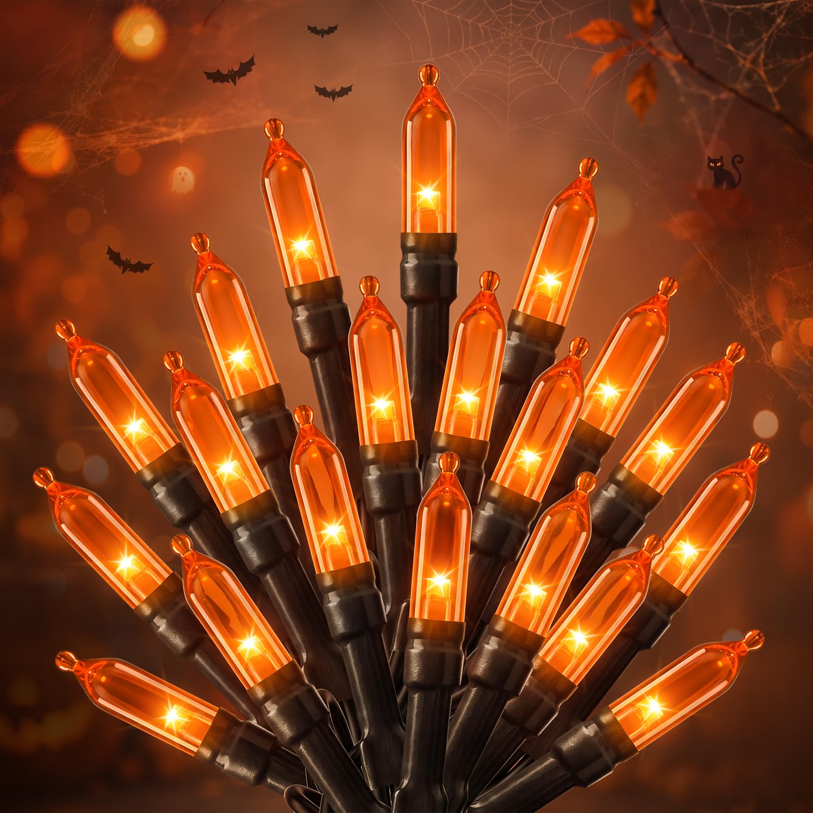 2Pack Orange Outdoor Halloween Lights, 39Feet 100 LED Mini Lights with 8 Lighting Modes, Connectable Halloween String Light Plug In for Garden Patio Haunted House Ghost Holiday Lighting Decoration