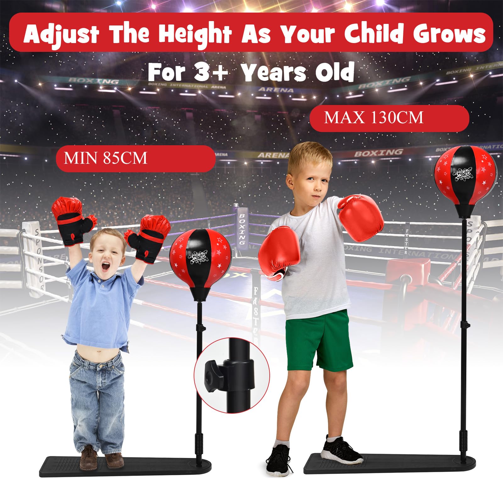 KOMFOTTEU Punchingball sur Pied Réglable 85-130 cm, Ballon de Boxe avec Pédale, Gants et Pompe, Ensemble de Frappe Debout pour Enfants de Plus de 3 Ans