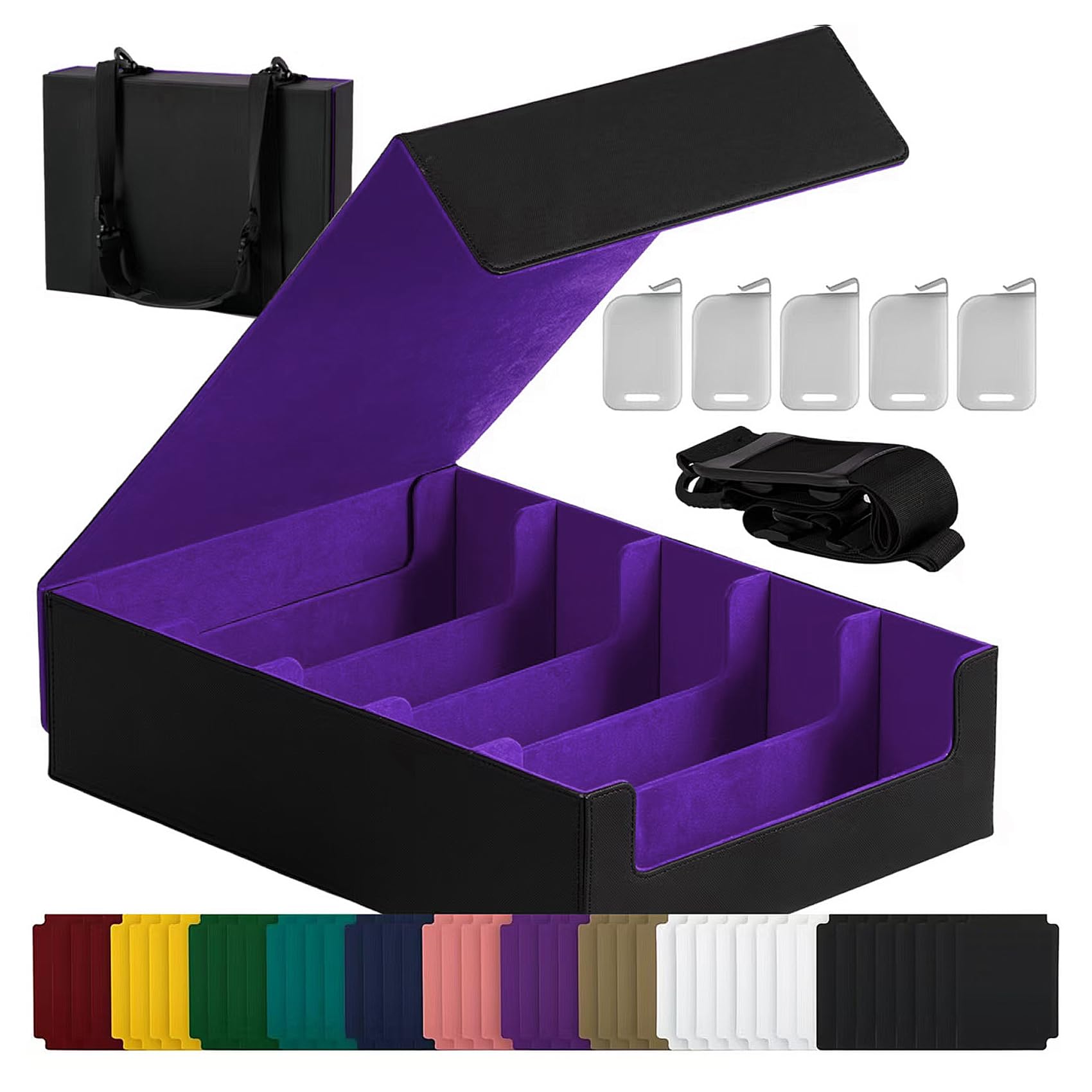 Magnetic Leather Trading Card Storage Box - 5-Row Deck Case Design, 3900+ Capacity for YuGiOh, MTG, TCG and Sports Cards, Includes 24 Colorful Dividers &amp; 5 Card Supports (Black/Green)