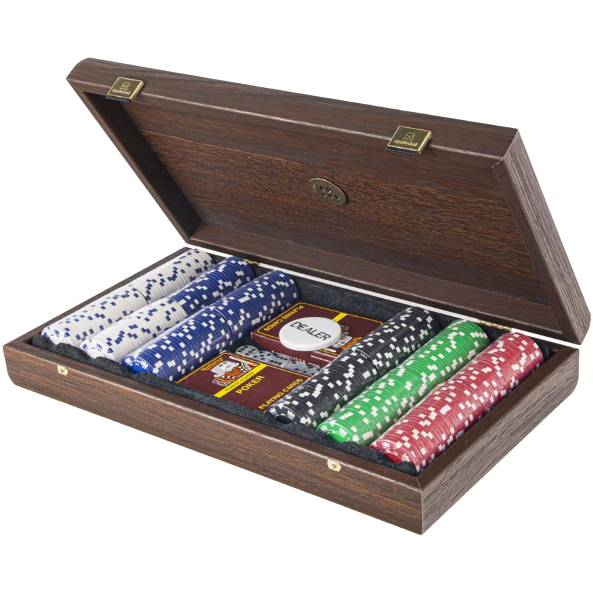 Manopoulos Luxury Poker Set - Oceanline Edition, Caja de Madera con Chapa de Burl Californiano, 300 Fichas de Póker, Interior de Terciopelo, 2 Juegos de Cartas.