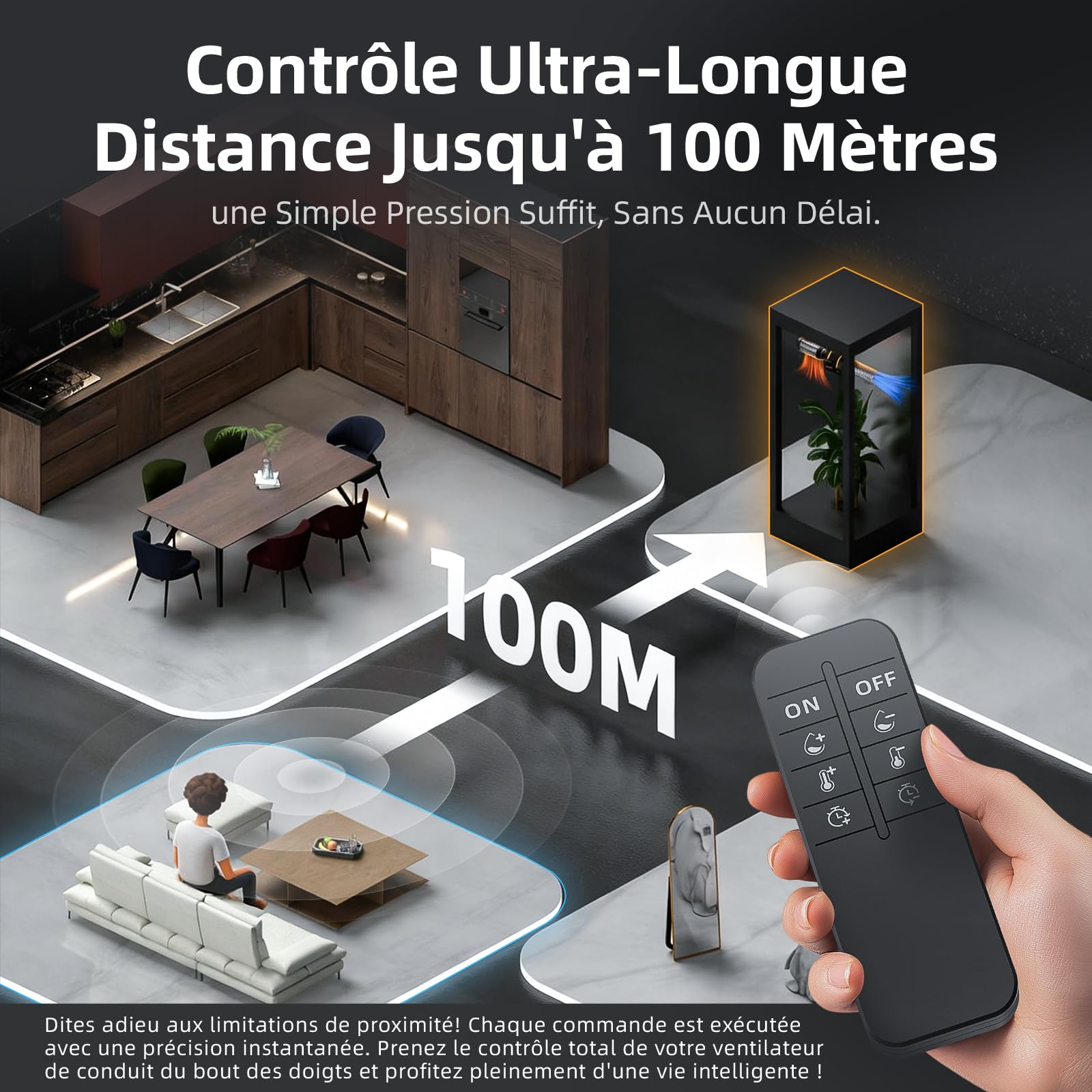 Extracteur d'air Intelligent 100 mm avec télécommande, minuterie et capteur de température et d’humidité, Double roulement à Billes, débit 367 m³/h, pour Tente de Culture, hydroponie, Garage