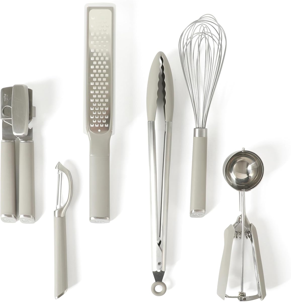 Edge Juego de utensilios y utensilios de cocina de acero inoxidable de 6 piezas, juego de utensilios de cocina con detalles de silicona, abrelatas, pelador recto, rallador, pinzas, batidor de globo y cuchara (gris pardo)