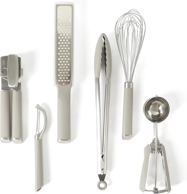 Edge Juego de utensilios y utensilios de cocina de acero inoxidable de 6 piezas, juego de utensilios de cocina con detalles de silicona, abrelatas, pelador recto, rallador, pinzas, batidor de globo y cuchara (gris pardo)