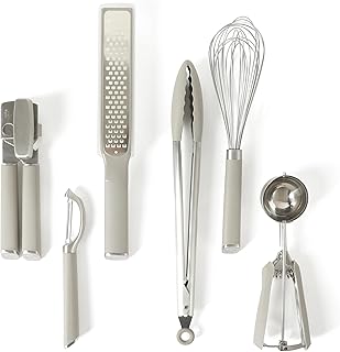 Edge Juego de utensilios y utensilios de cocina de acero inoxidable de 6 piezas, juego de utensilios de cocina con detalles de silicona, abrelatas, pelador recto, rallador, pinzas, batidor de globo y cuchara (gris pardo)