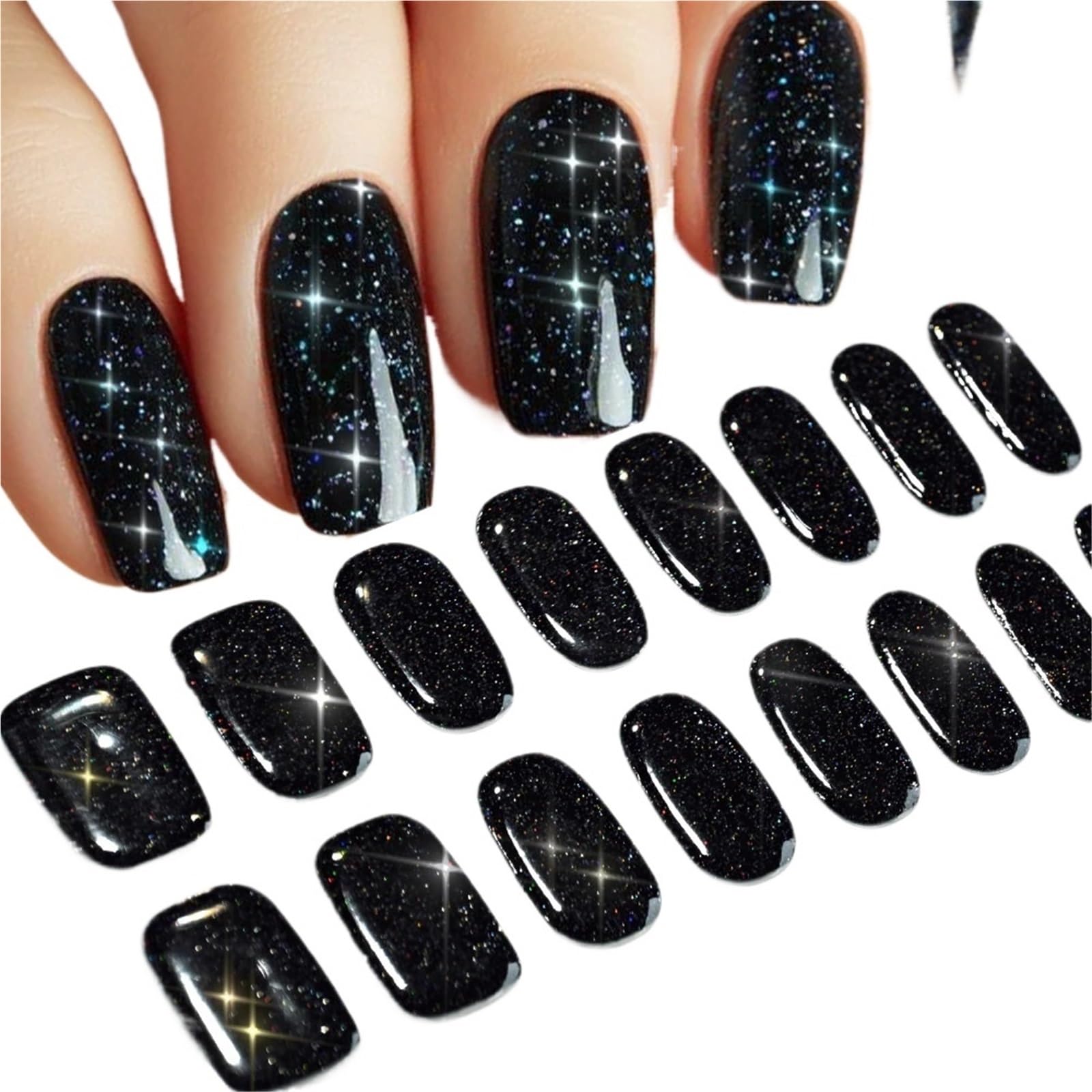5Pcs Glitter Gold Nail Strips - Semi-Cured Self-Adhesive Full Wraps for Gel Nails with Nail File(Glitter Black)
