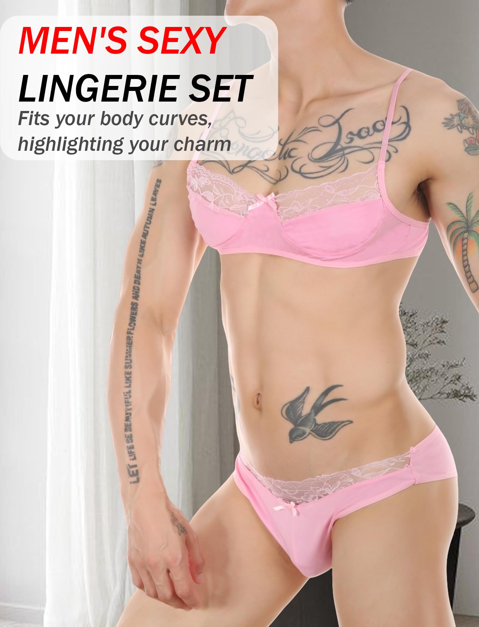 AIEOE Sissy - Conjunto de lencería de encaje sexy con sujetador y bragas ligeras, conjunto de lencería gay cruzado, sujetador y bragas de encaje S-XXL