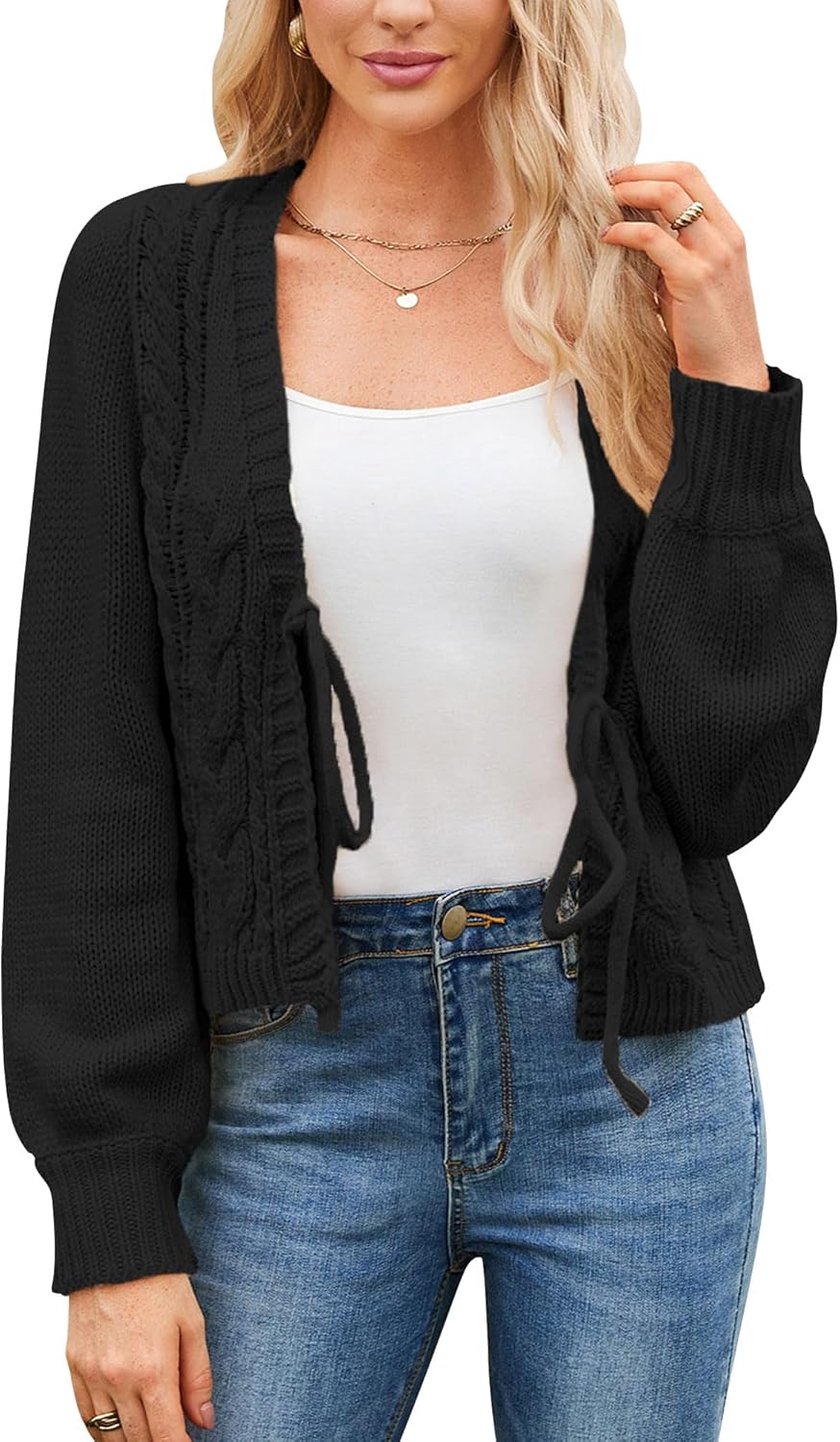 Honwenle Cardigan Sweaters for Women Cropped Tie Front Bow Lightweight Cardigan Long Sleeve Trendy Fall Shrugs