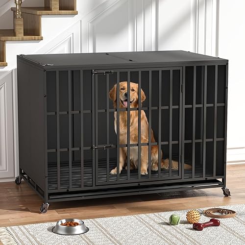 Miniatura 4 de Jaula para perros indestructible de alta ansiedad de 48 pulgadas con diseño cerrado, a prueba de escapes, para perros grandes, jaula para perros de