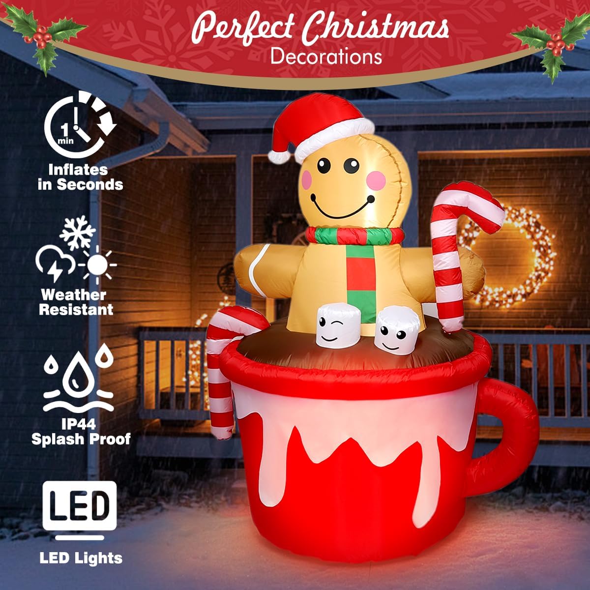 5FT Christmas Inflatable Outdoor Decoration, Gingerbread Man in Coffee Mug Blow Up LED Light Christmas Inflatables Yard Decorations with Build-in LEDs for Indoor Outdoor Garden Party Lawn Xmas Decor