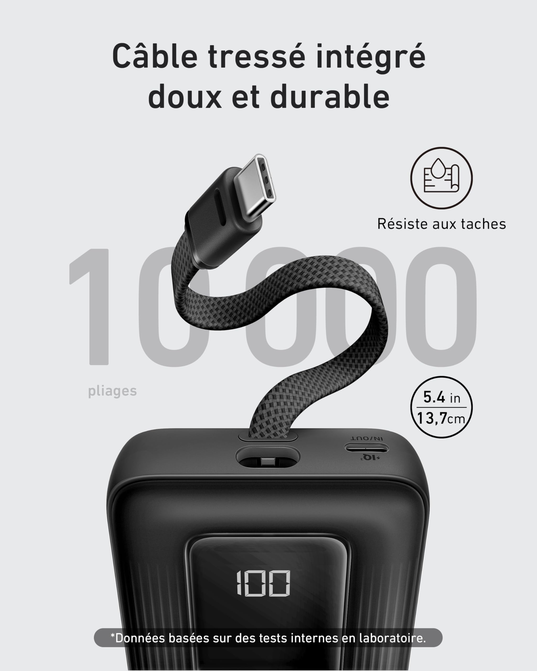 Anker Zolo Batterie Externe 10000mAh 30W, Power Bank Haute Vitesse Câble USB-C Intégré, 1 Port USB-C & A, pour iPhone 17/17 Pro/17 Pro Max/16, MacBook, Galaxy, et Autres
