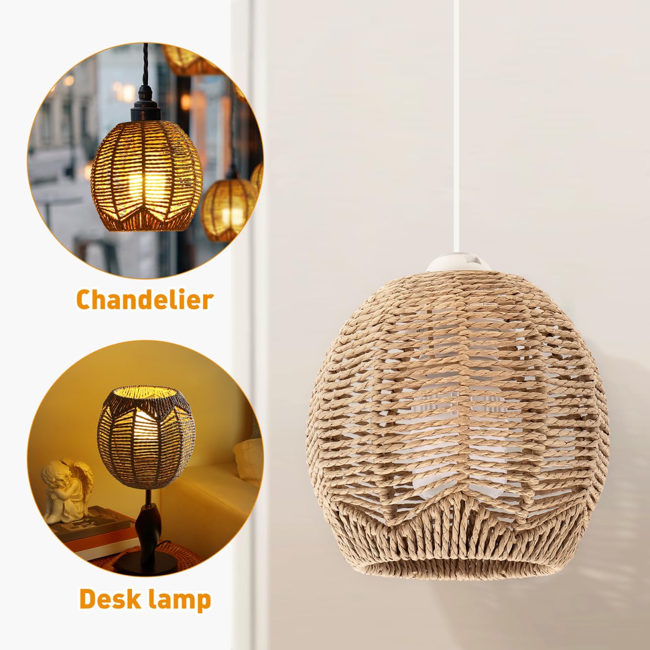 Angoily 3 Stücke Gewebt Lampenschirm Retro Rattan Gewebt Korb Decke Hängelampe Abdeckung Vintage Kronleuchter Lampenschirm für Esszimmer Wohnzimmer, 14 x 15 x 15 cm (Durchmesser des Mittellochs: 4cm）