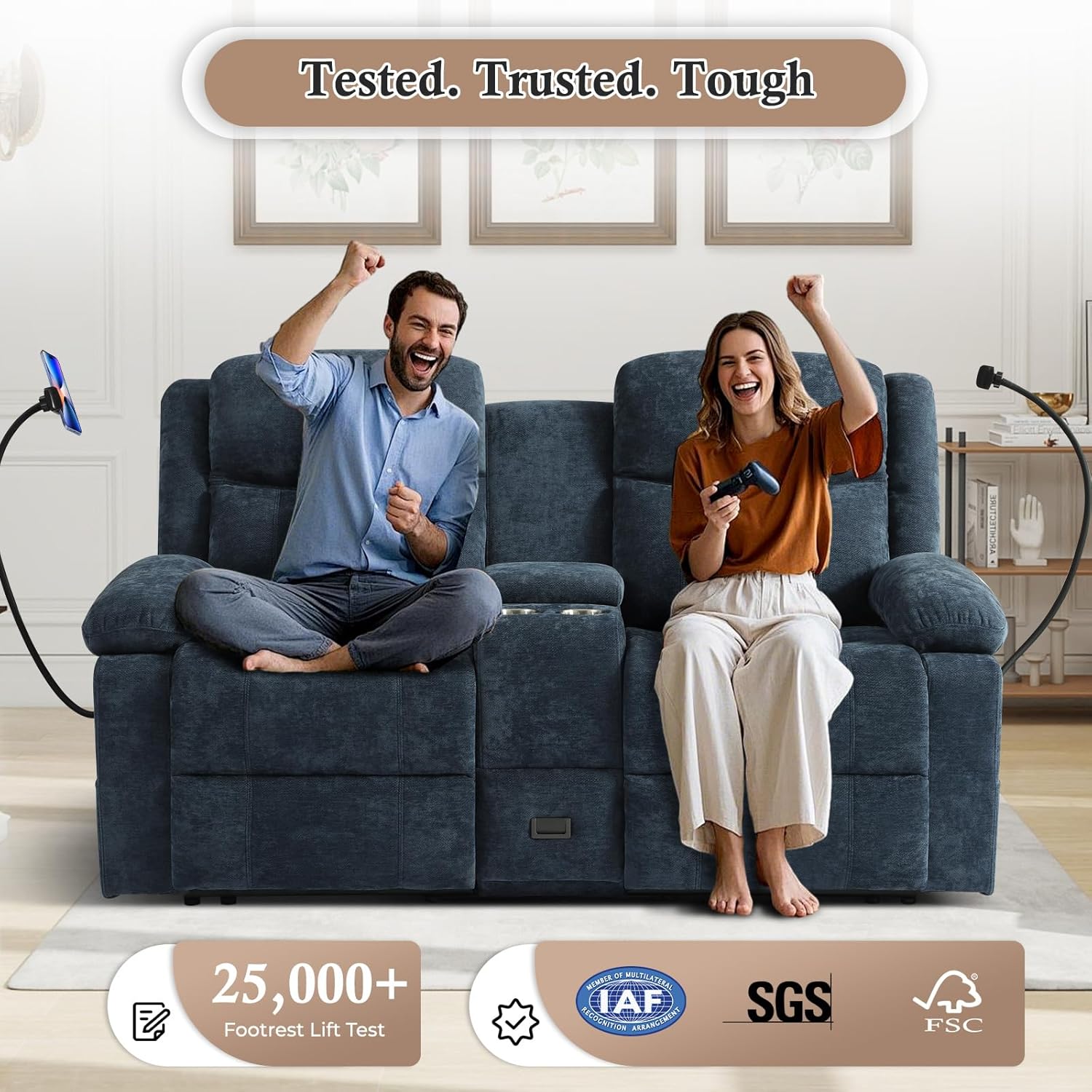 Loveseat Recliner Sofa, Manual Recliner Loveseat with Console, Modern Chenille Sofa Sleeper Deep Couches with Cell Phone Holder and Hidden Socket for Living Room/Office/Apartment (Blue) | Cup Holder, Side pocket