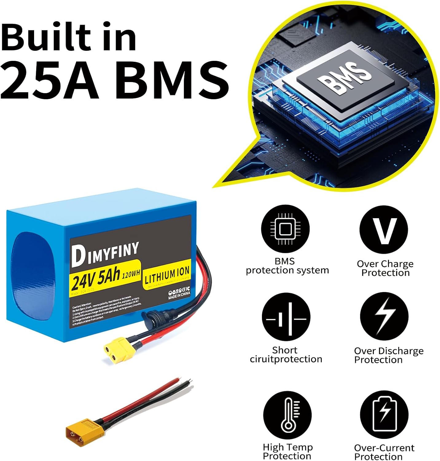 24V 5AH Lithium Battery Pack, Built-in 25A BMS, with Fast Charger, XT60 Cable Connector, Compact and Lightweight, for DIY Projects (24V5Ah) - Image 4