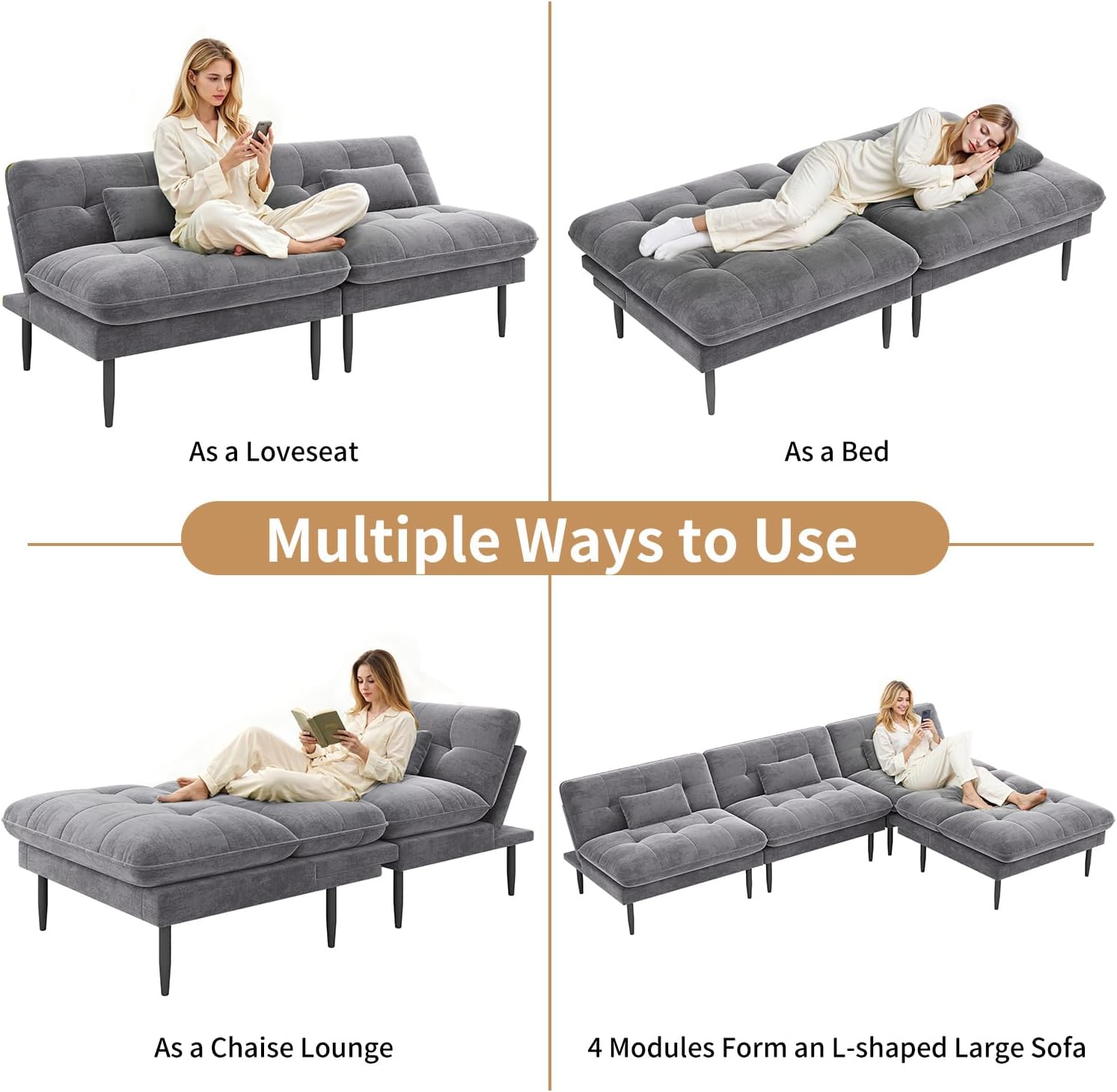 NEDYO 70 inch Convertible Futon Sofa Bed, Velvet Sleeper Sofa with Adjustable Backrest, Thick Fill and Convertible Modules, 4 in 1 Loveseat Couch for Living Room, Grey