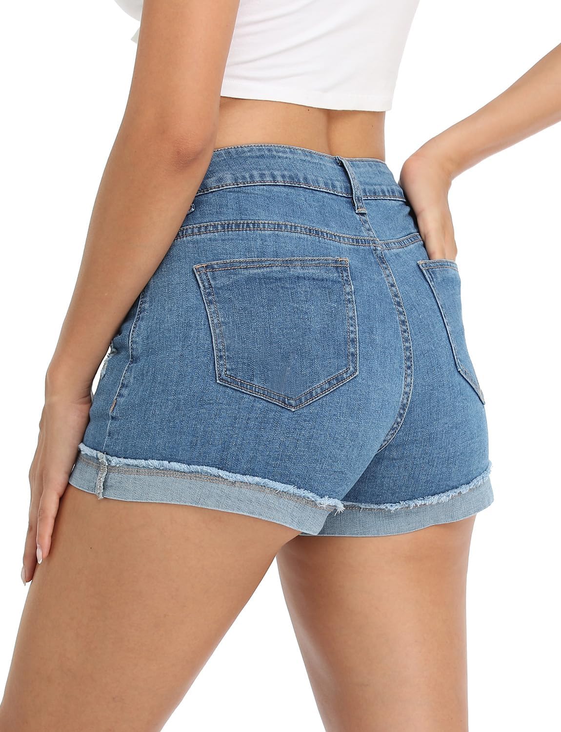 onlypuff Women Denim Shorts Ripped Mid Waisted Jean Shorts with Pockets - Image 4
