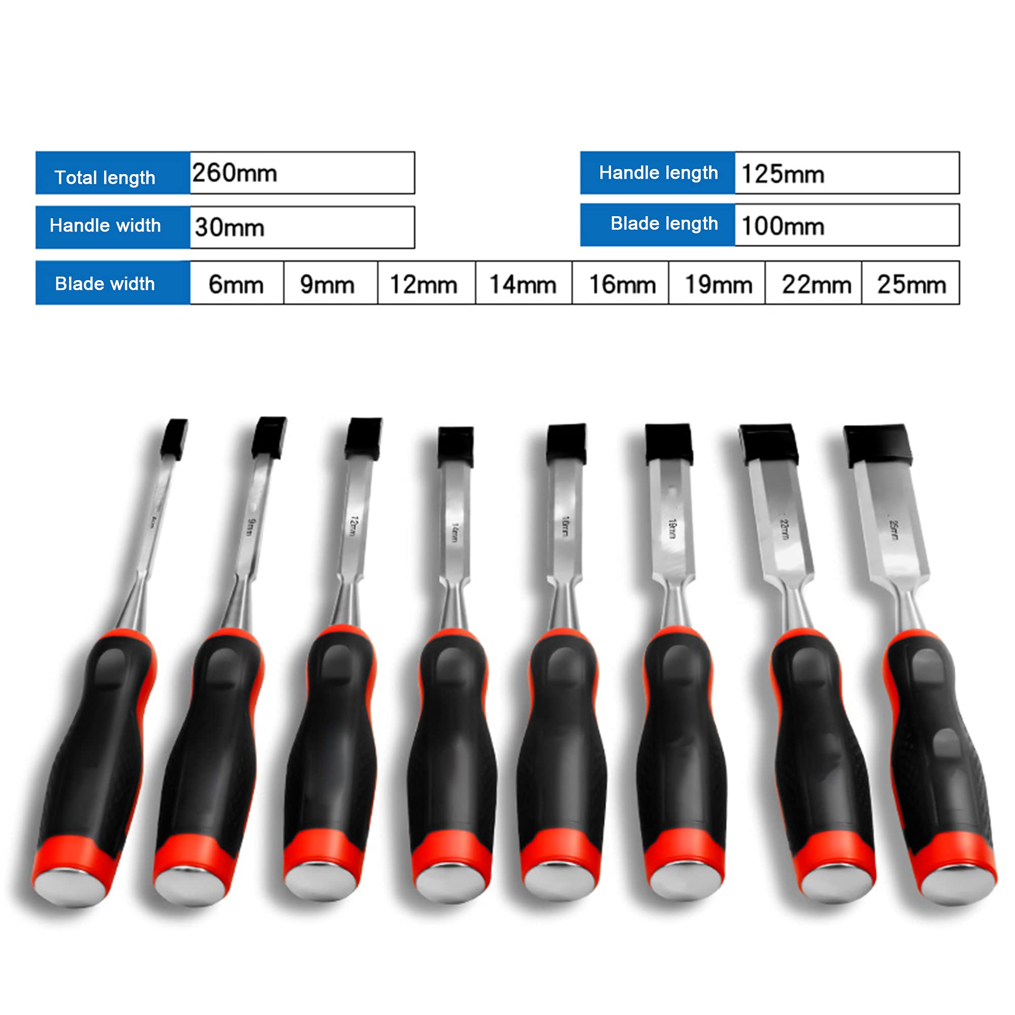 Scalpelli da legno Set di 8 scalpelli da legno scalpelli da legno in acciaio al cromo vanadio soft grip bimateriale per falegnameria di intaglio del legno rifilatura dei bordi