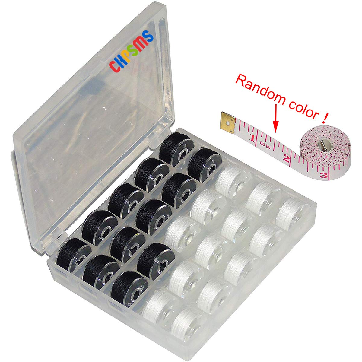 CKPSMS Brand - 25PCS #KP-19083 Black/White/Color Prewound Bobbin Thread Size A Class15 (SA156) with Clear Storage Plastic Case Box for DIY Embroidery and Sewing (Black+White 25)