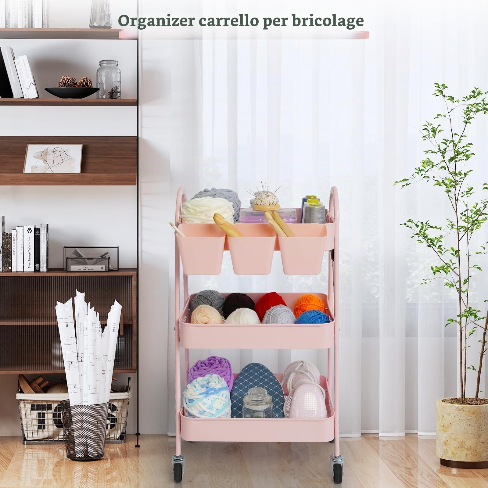 danpinera Carrello portaoggetti a 3 livelli, carrello portaoggetti in metallo con ruote bloccabili, tazze e ganci appesi, carrello portaoggetti su ruote per bagno, cucina, artigianato, bellezza, rosa