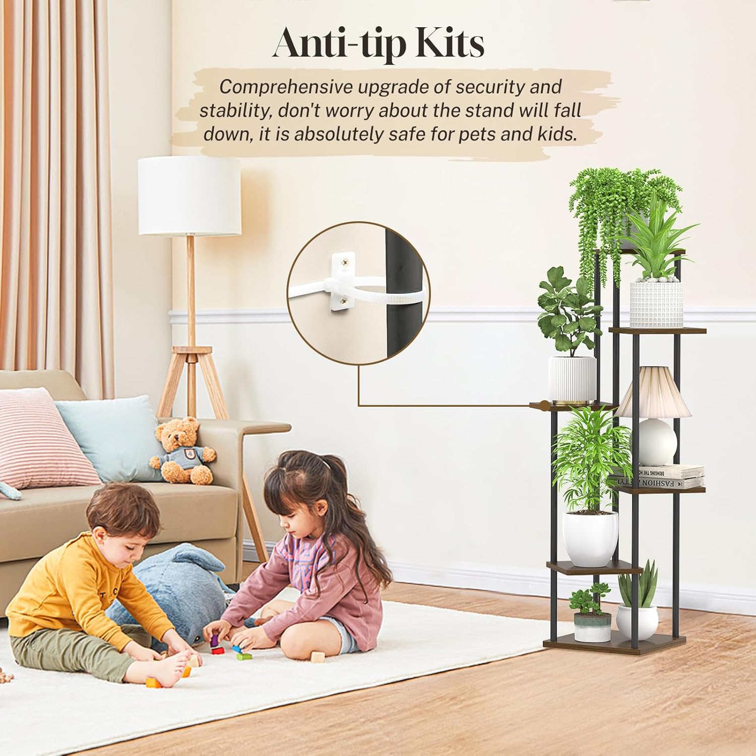 Oppro 6 Tier Plant Stand Indoor Outdoor, Tall Metal Wood Muti-Level Planter Shelf Holder, Sturdy Large Vertical Corner Orchid Flower Pot Display Rack for Narrow House Decor Office Living Room Bedroom, Oak