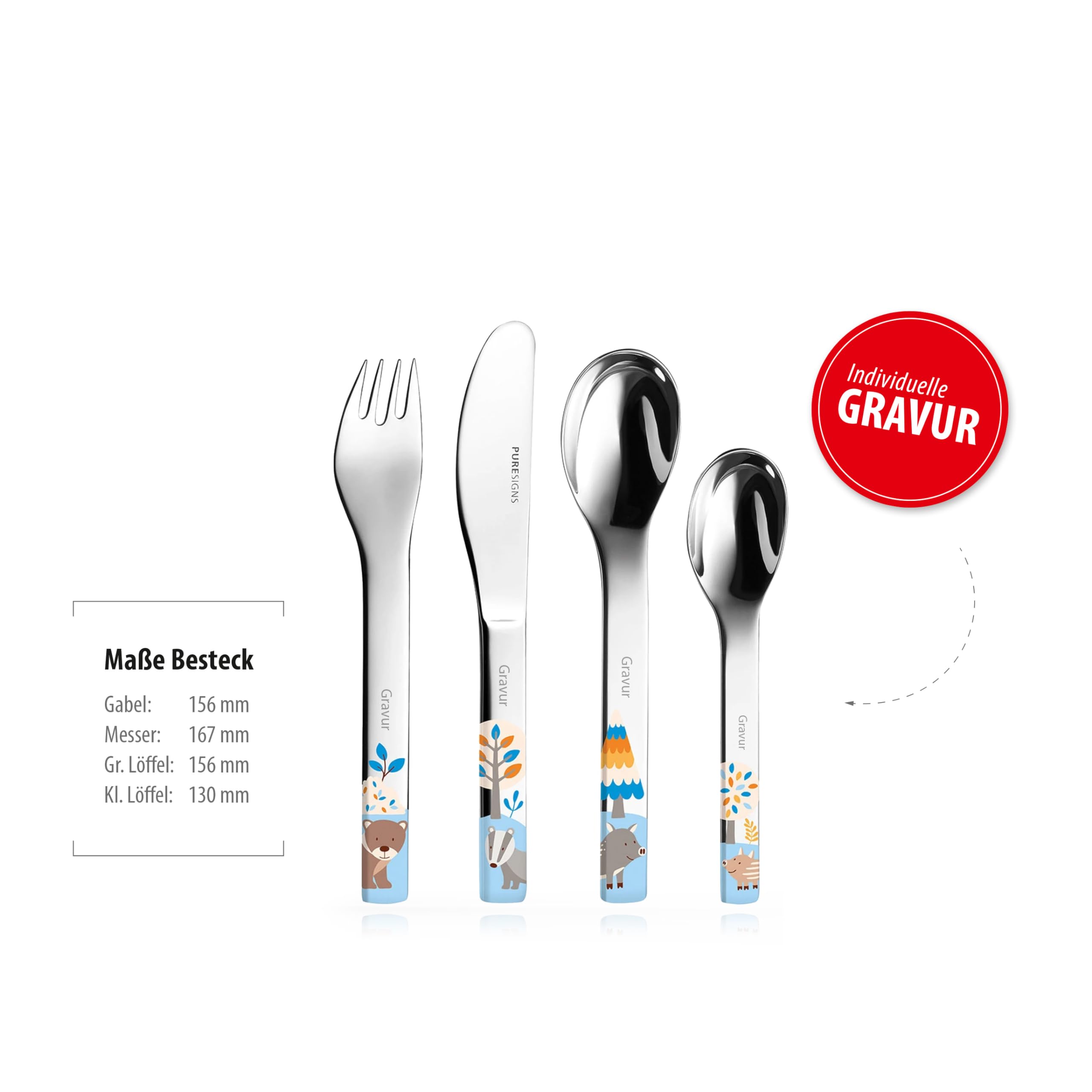 Kindergeschirr Set mit Namensgravur Puresigns - Friends - Bär, Dachs, Wildschwein - 7-teilig eigener Gravur/Namen auf Besteck (Gravur möglich)