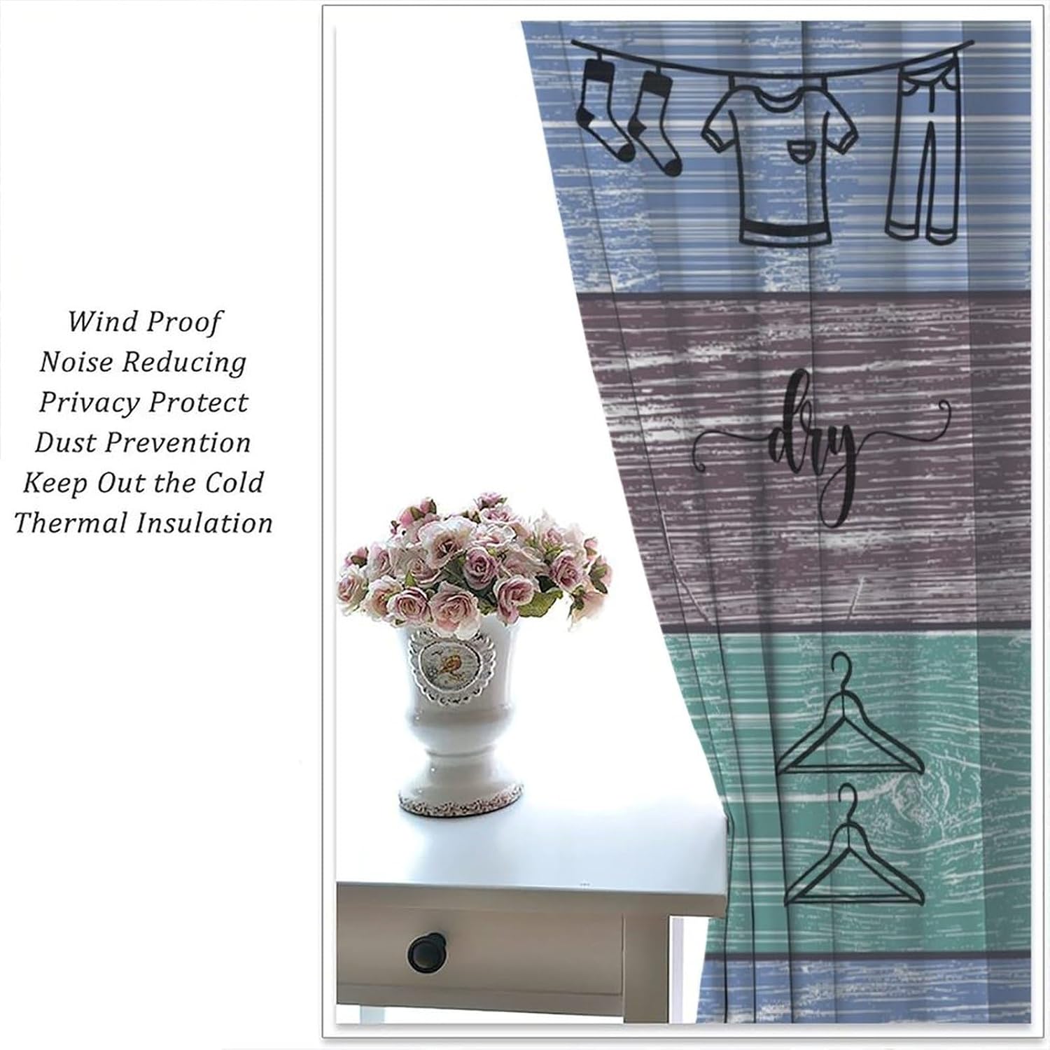 Laundry Room Curtain Rustic Wash Dry Fold Repeat Brown Board Pattern Print Decor Rod Pocket Window Drapes for Laundry Kitchen Bedroom Living Room 42x45in image 5