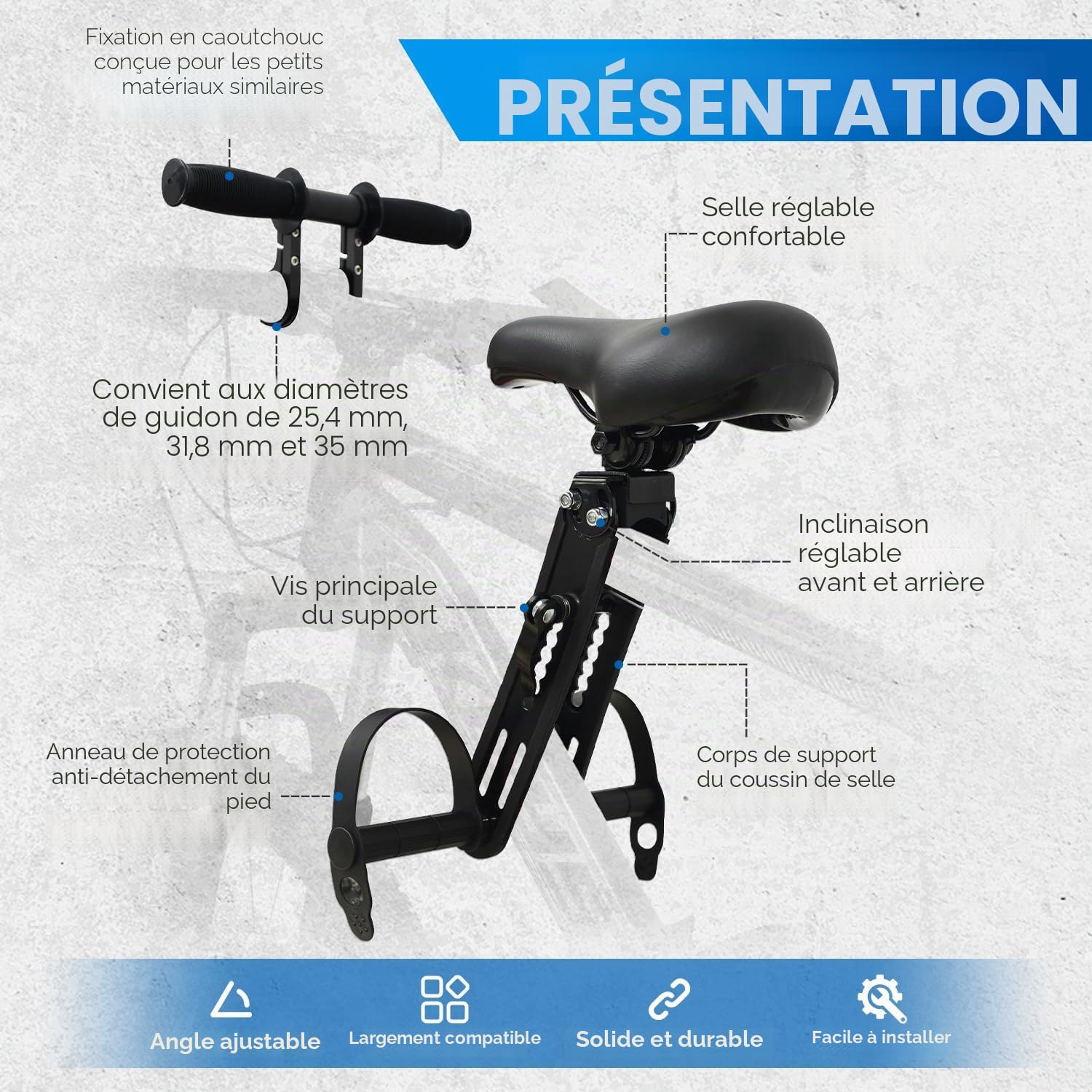 Siège Enfants Vélo Tout-Terrain Amovible Avant 2-5 Ans Compatible Vélos Montagne Adultes Cadre Accoudoir