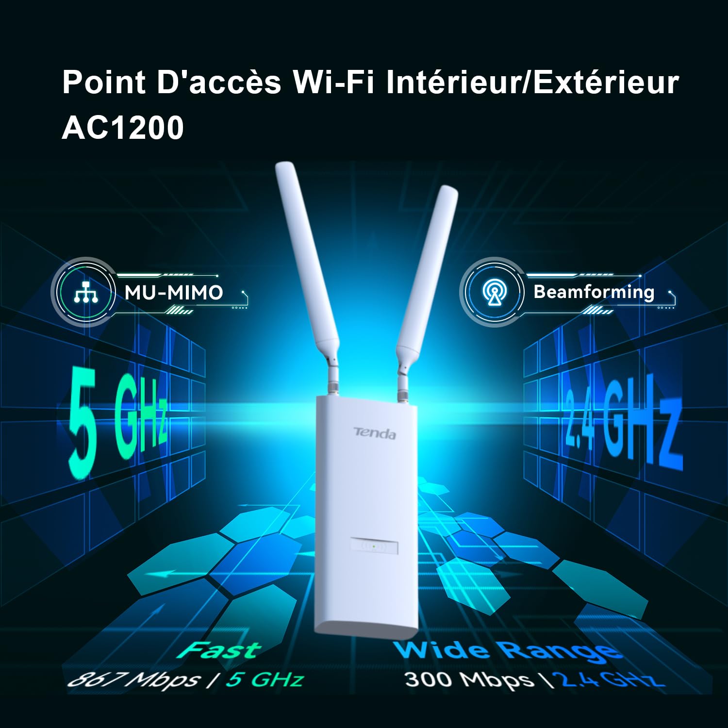 Tenda OAP1200 AC1200 Outdoor Gigabit Wireless Access Point, Dual Band, 1 Port Gigabit Ethernet Support PoE+/Passive PoE, Wall Mount/Pole, IP65 Waterproof, MU-MIMO, AP/Repeater Modes