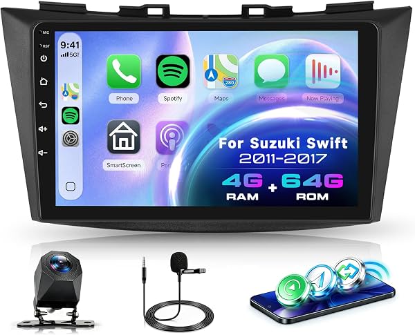 Estéreo para auto Android 15 4G+64G para Suzuki Swift 2011-2017, Carplay inalámbrico | Rimoody Pantalla táctil IPS de 9" con Android Auto, navegación GPS/32 EQ/Bluetooth 5.0/WiFi 5Ghz/cámara de respaldo AHD/SWC
