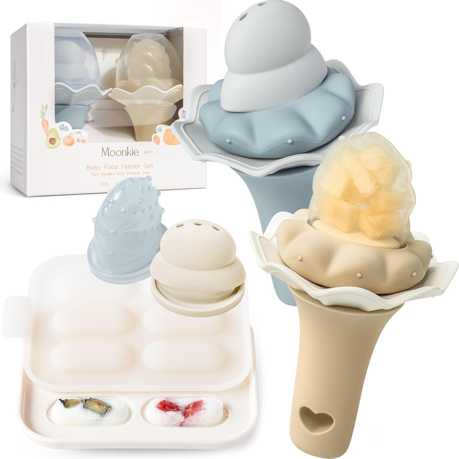 moonkie baby fruit feeder with freezer tray | bpa free silicone infant food feeder | two sizes pouches and breastmilk popsicle molds for cooling relief | baby shower gifts 4 months+, 2 pack a-ether/croissant 2 pack + freezer tray