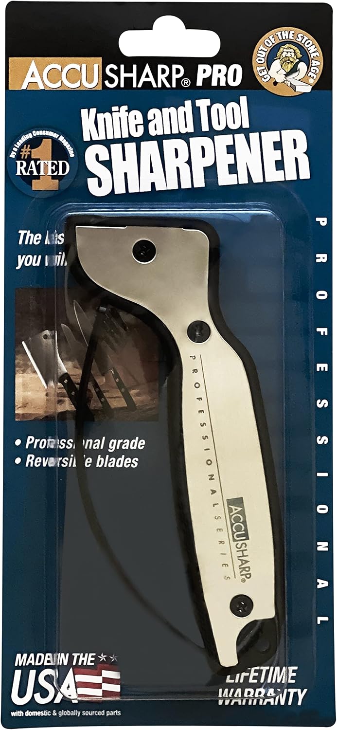 AccuSharp Pro Knife & Tool Sharpener - Diamond-Honed Tungsten Carbide Rust-Free Sharpener Quickly Sharpens, Restores, Repairs & Hones Serrated Blades, Cutting Tools, Cleavers, Axes & Machetes