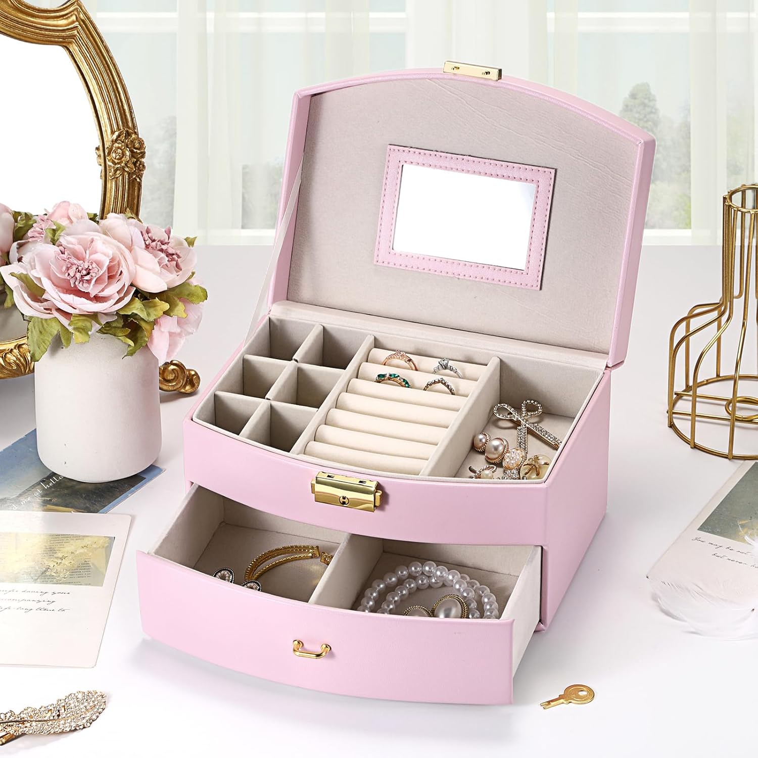 ELLDOO Musical Jewelry Box with Drawer, Pink Music Box Keepsake Box, Small Trinket Jewelry Storage Box Gift for Girls Women (Tune: You are My Sunshine)