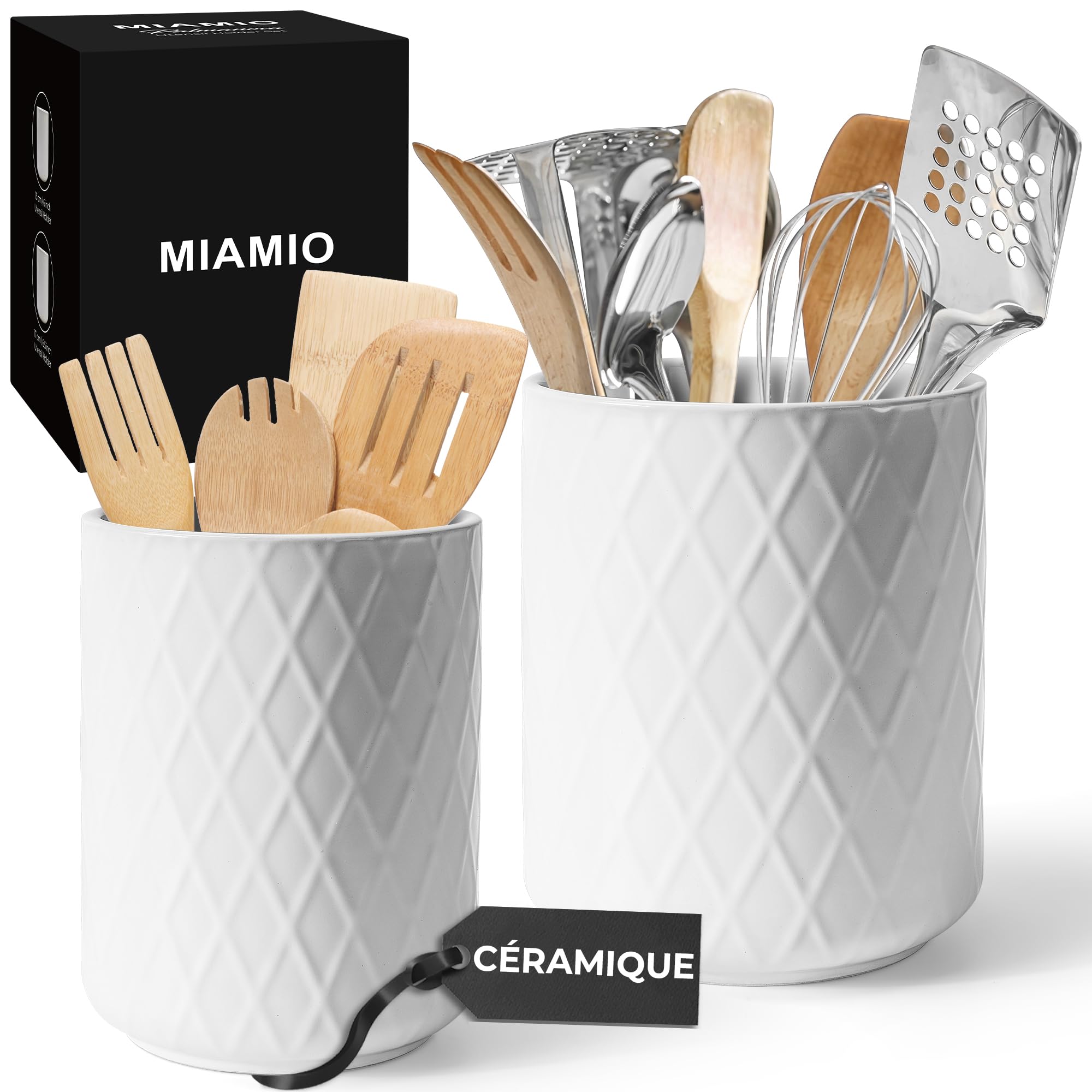 MIAMIO – Support d'Ustensiles de Cuisine en Céramique / Ensemble Organisateur de Cuisine, Décoration de Ferme pour l'Organisation du Comptoir et le Rangement des Couverts, Cuillères (Blanc)