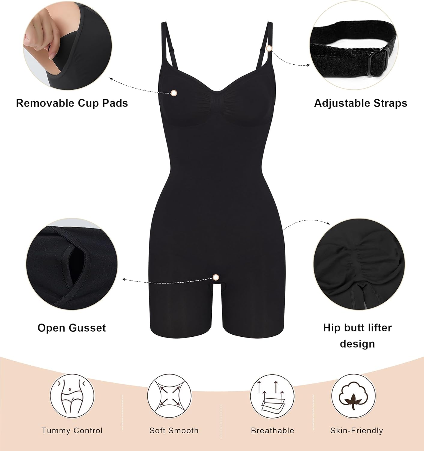 SHAPERX Women's Seamless Shapewear Tummy Control Bodysuit with Removable Pads Mid Thigh Body Shaper - Image 4